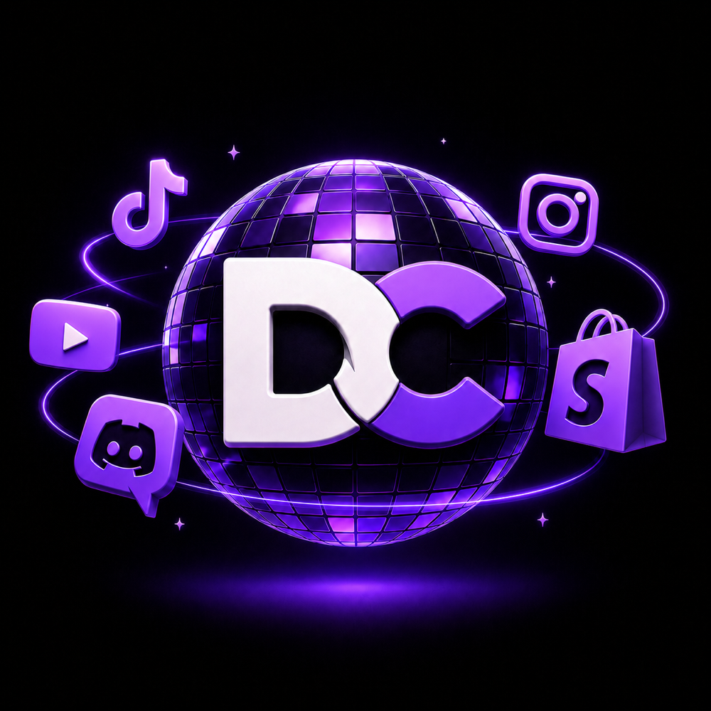 DiscoCollabs logo on a purple disco ball, surrounded by TikTok, Instagram, YouTube, Discord and Shopify