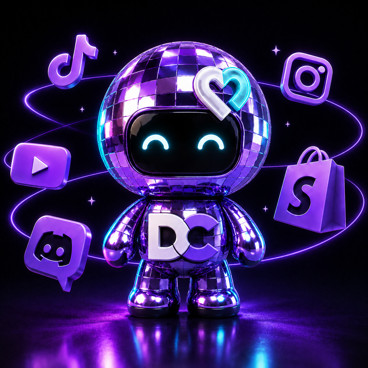 DiscoCollabs robot connected to TikTok, Instagram, YouTube, Discord and Shopify